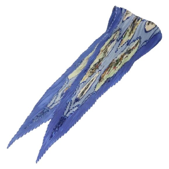 HERMES Pleated Carre 90 Scarf ""LES CHEVAUX DES MOGHOLS"" Silk Blue Auth 135502 - Picture 1 of 16